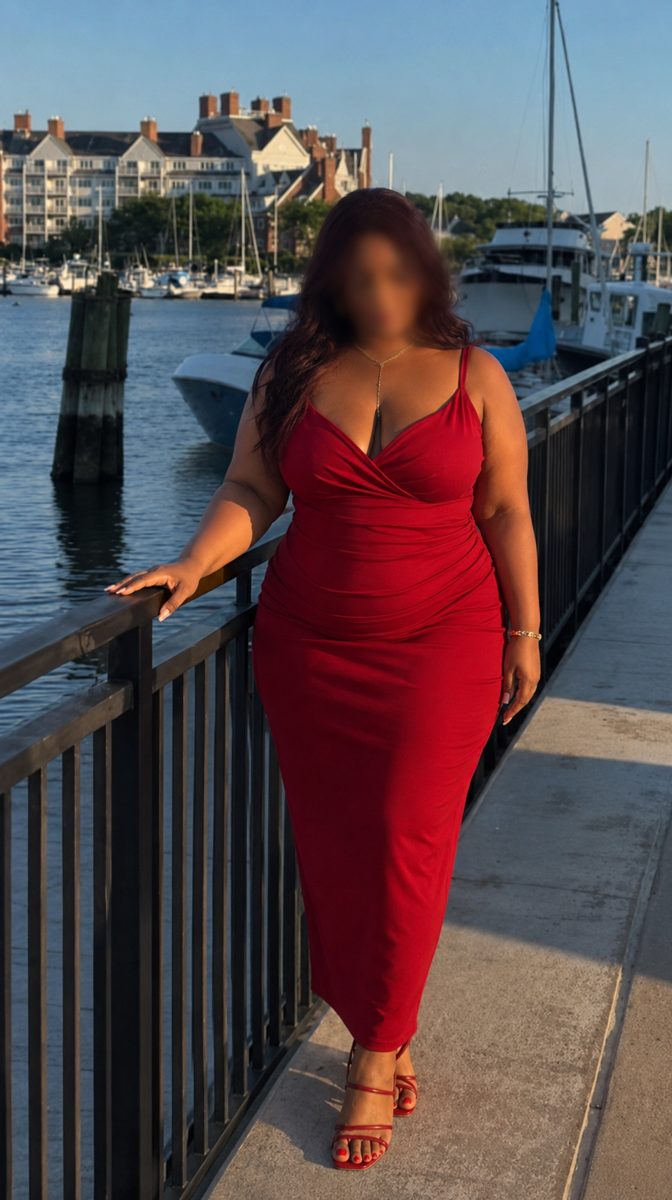 Samantha in a red dress standing on a marina boardwalk